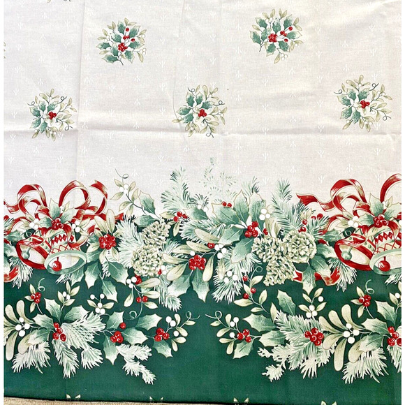 Christmas Tablecloth Holly Berry Bells Ornaments Greenery Cotton Blend Oval - Picture 8 of 9